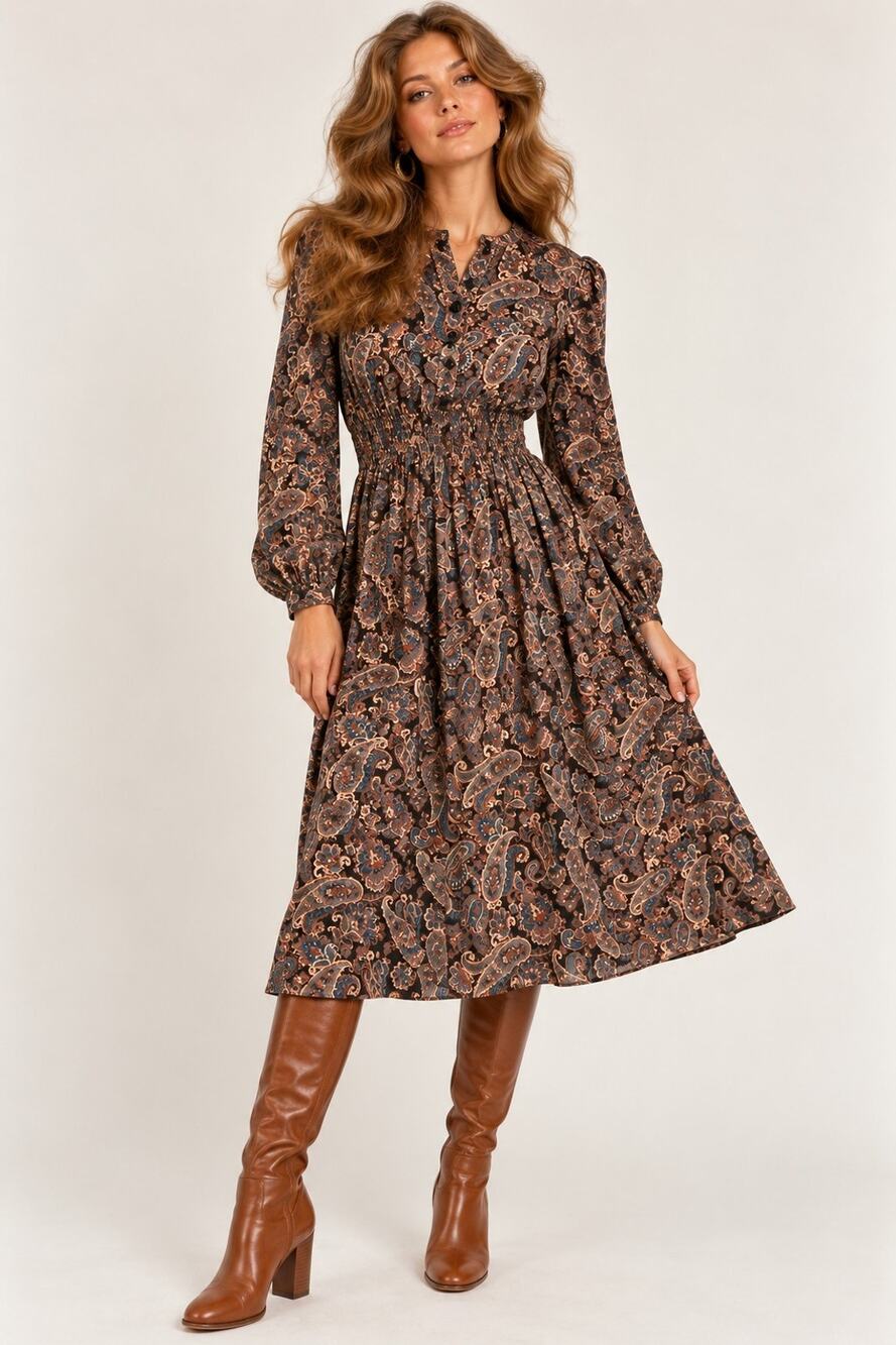 Vintage 70s Taurus II Paisley Prairie Dress Size 14 Union Made USA Boho Midi